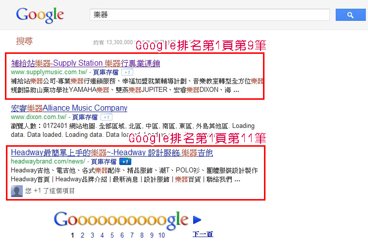 Google搜尋樂器.補給站樂器排名第一頁第9筆.壹零壹數位整合101di